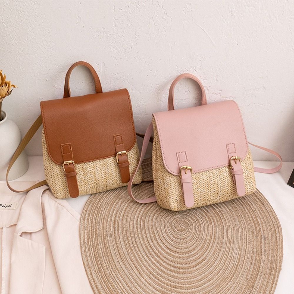 Leather Backpack Vintage - Mochila de Palha em Couro PU